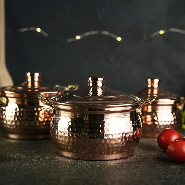 Set of 3 Single-Person Copper Cooking Pots – 850ml Handcrafted Solid Copper Casseroles